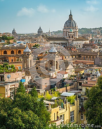 Panoramic sight from Viale TrinitÃ  dei Monti, with the dome of the Basilica of Ambrogio e Carlo al Corso, Rome, Italy. Stock Photo